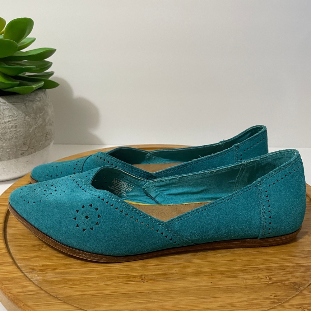 TOMS Jutti Suede D'Orsay Flats Turquoise Blue Laser Cut Slip On Shoes Size 8